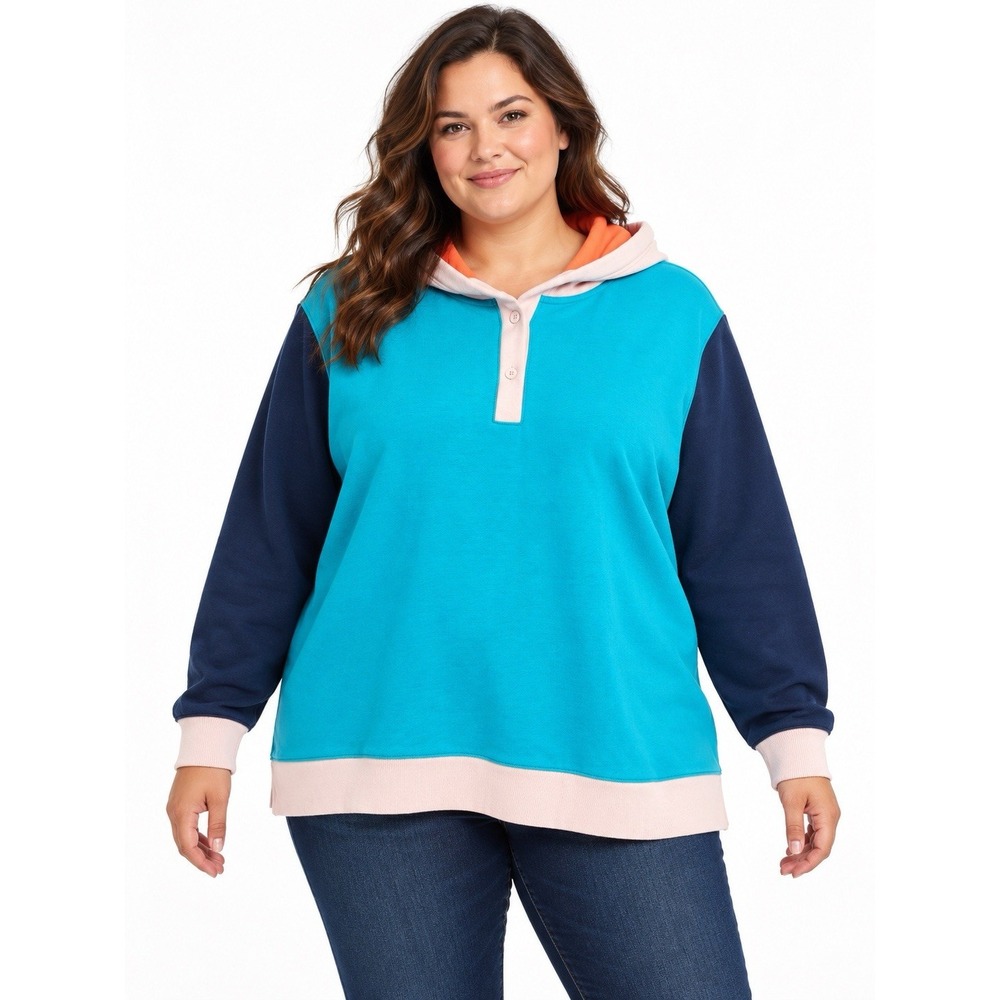 Lands End Serious Sweats Hoodie Womens 2X Colorblock Henley Sweatshirt Teal Navy